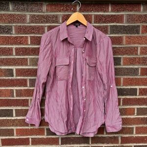 Express Deep Red and Gray Striped Collared Button Down Dress Shirt